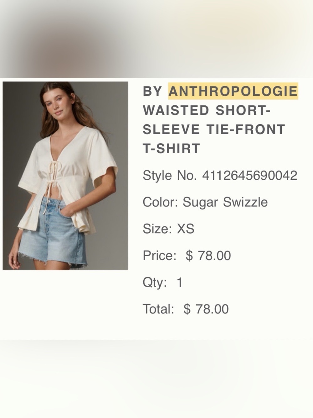 Anthropologie Cream Tie-Front Waisted Short-Sleeve Tunic